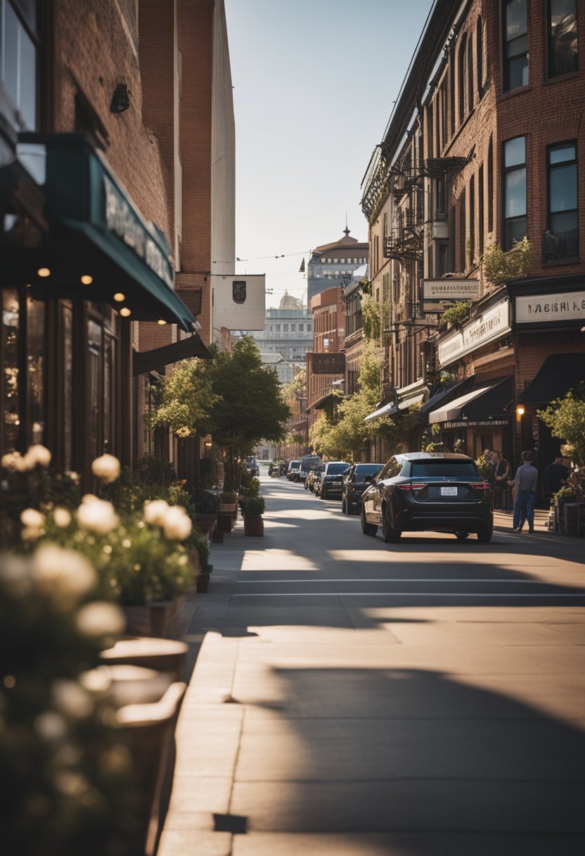 A bustling street lined with cozy hotels and the iconic Magnolia Market in the background, drawing in visitors with its charming atmosphere