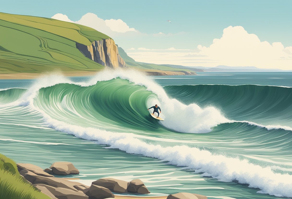 A surfer carving through a wave at a picturesque beach in the UK, with cliffs and rolling green hills in the background