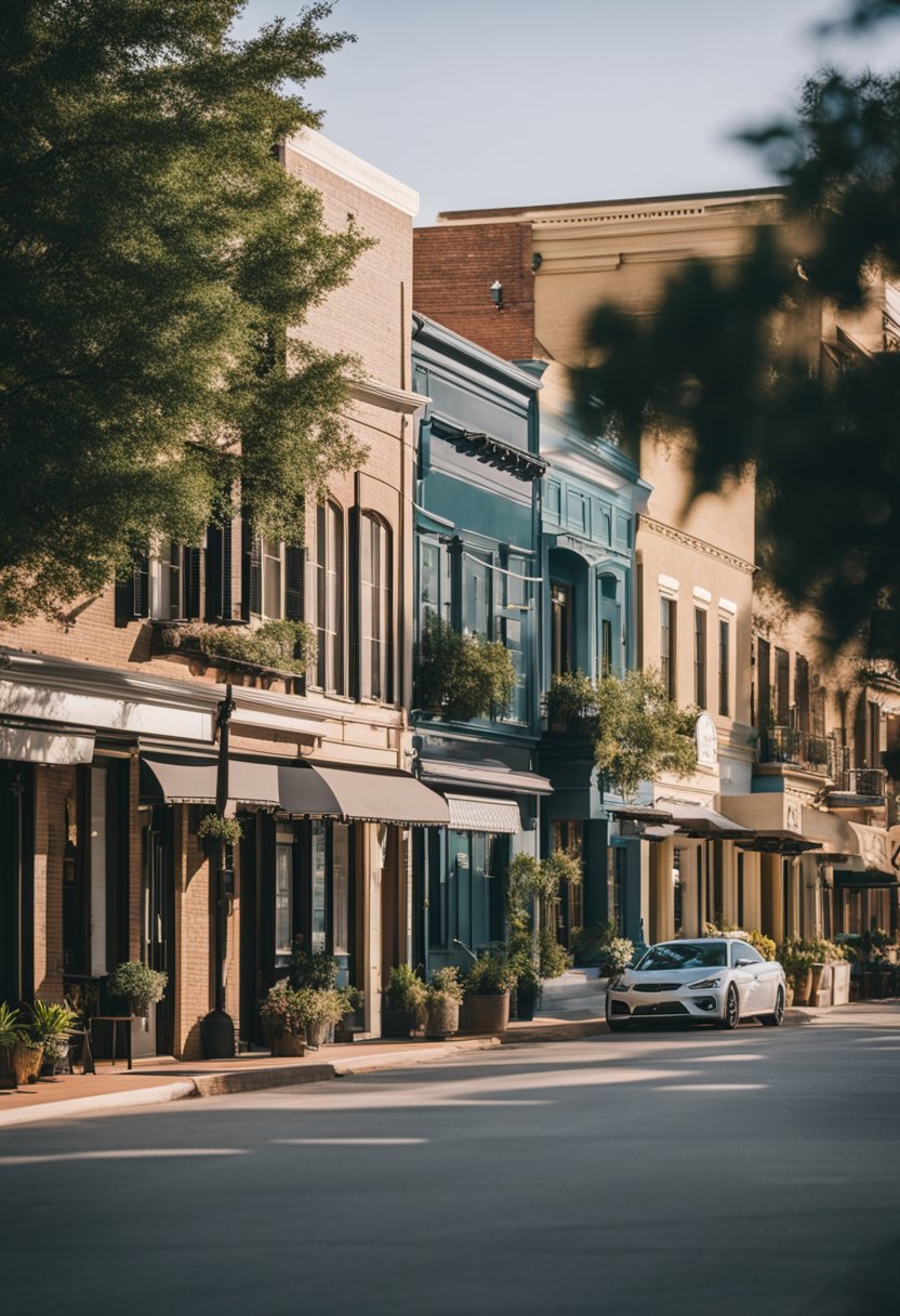 A quaint row of affordable hotels nestled near Magnolia Market, with charming exteriors and inviting signage