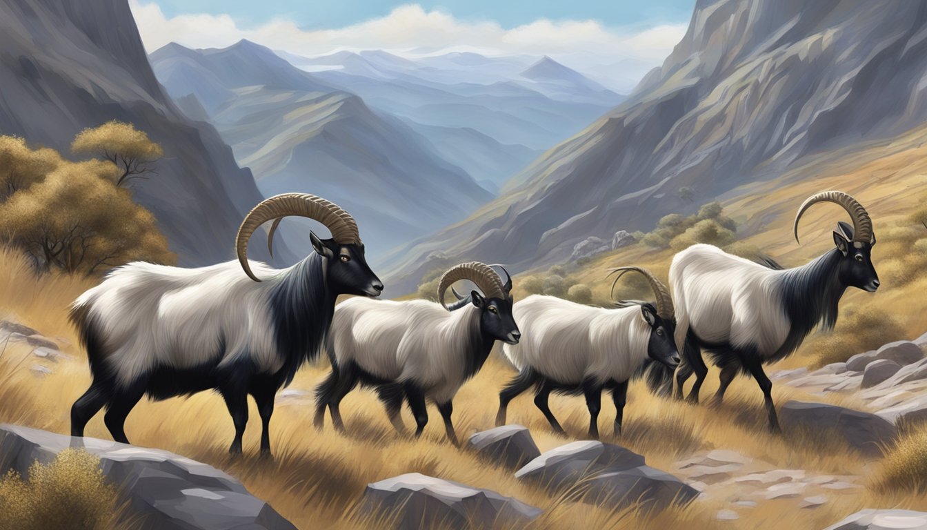 A group of feral goats roam through a rugged, mountainous landscape during hunting season, with a clear legal framework in place