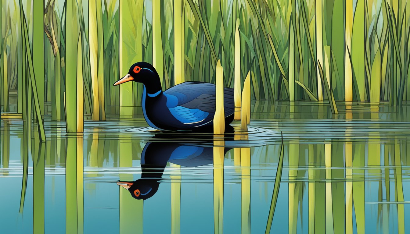 A gallinule wading through marsh reeds, eyes focused on the water for prey, surrounded by lush greenery and the sound of nature