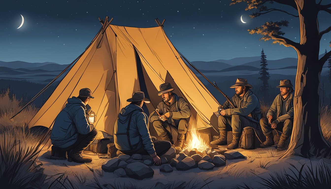 A group of hunters gathers around a campfire, sharpening their tools and checking their gear under the moonlit sky