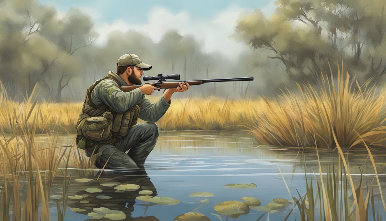 A hunter in camouflage aiming at a gallinule in a marshy wetland