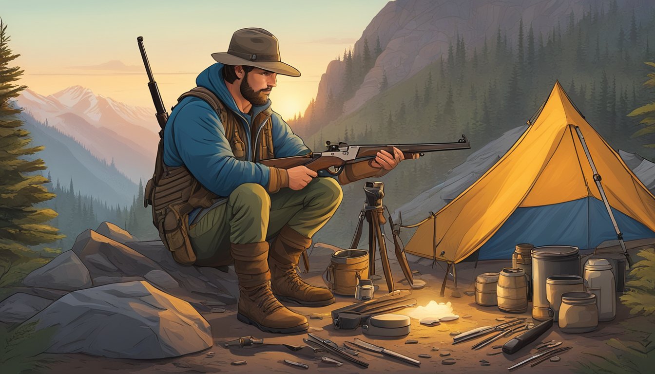 A hunter sharpening a knife, loading a rifle, and checking supplies in a rugged mountain campsite at dawn