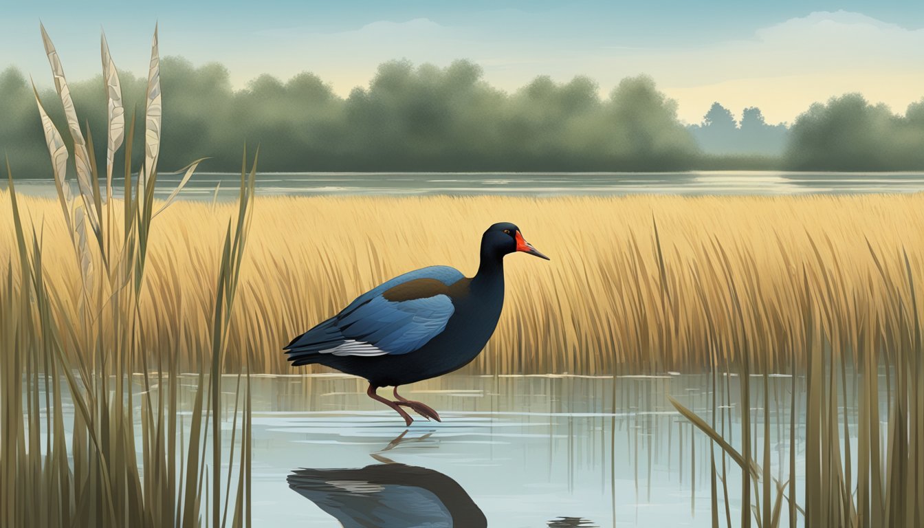 A gallinule wading through a marsh, surrounded by tall reeds and waterfowl in the distance