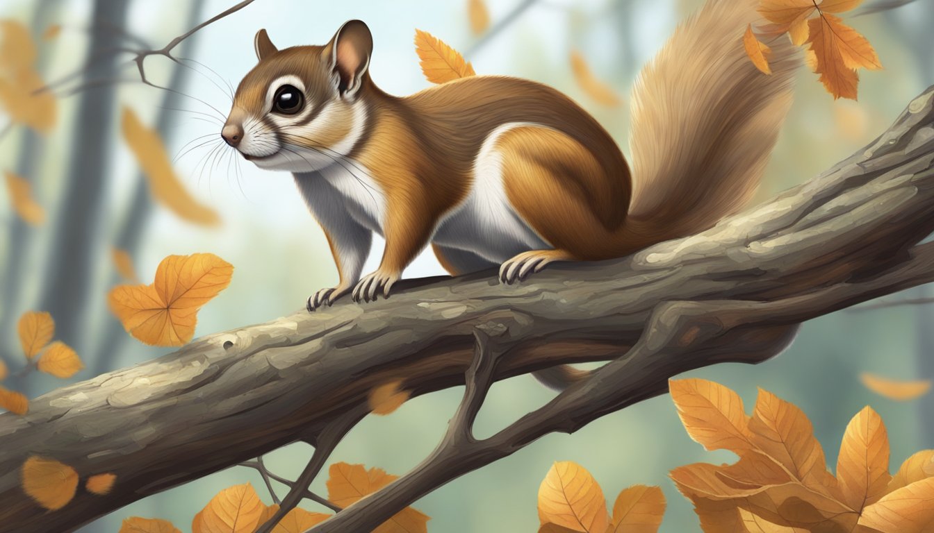 A flying squirrel perched on a tree branch, its eyes alert as it surveys the forest floor below. Fallen leaves and twigs litter the ground, evidence of a recent hunt