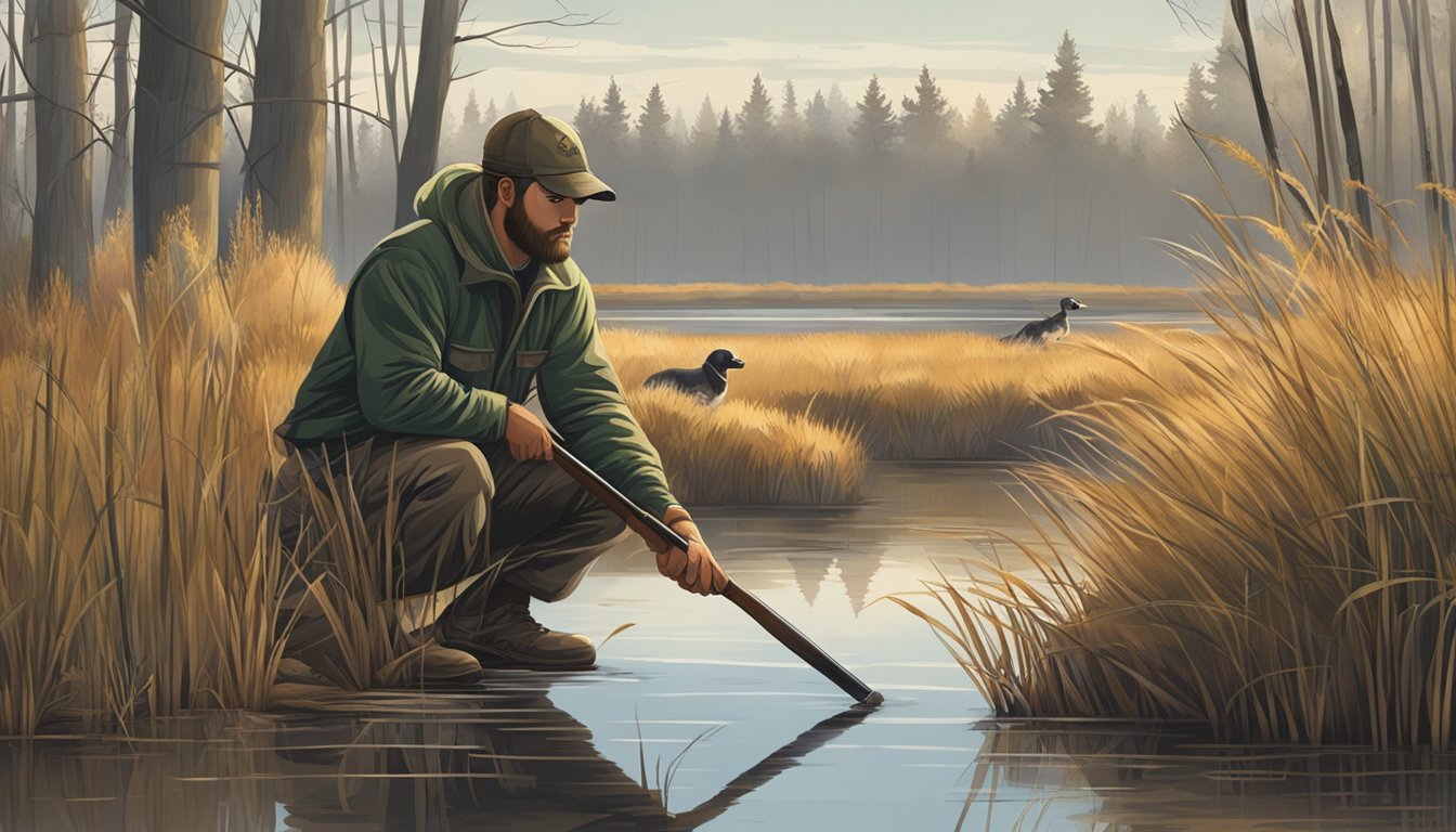 A hunter crouches in a marsh, setting up decoys and concealing their position with reeds. A hunting dog waits patiently nearby