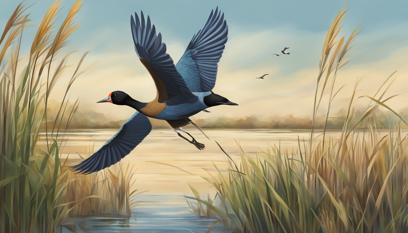 A gallinule hunting season: A marshy wetland with tall reeds and waterfowl in flight