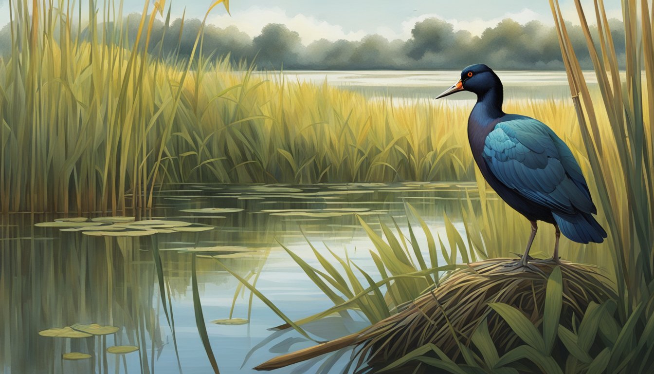 A gallinule perched on a reed in a marsh, surrounded by tall grasses and lily pads, with a hunter in the background