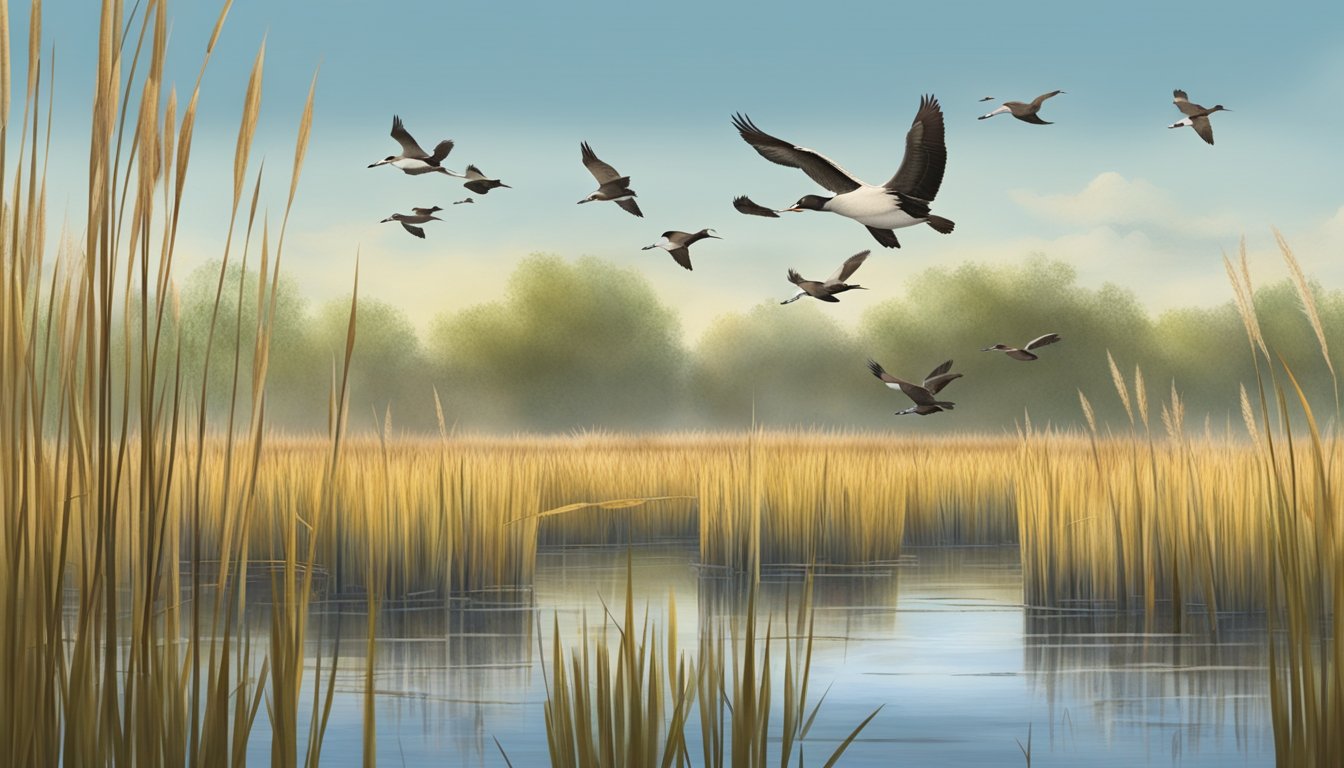 A marshy wetland with tall reeds and waterfowl flying over, as hunters set up blinds for gallinule hunting season