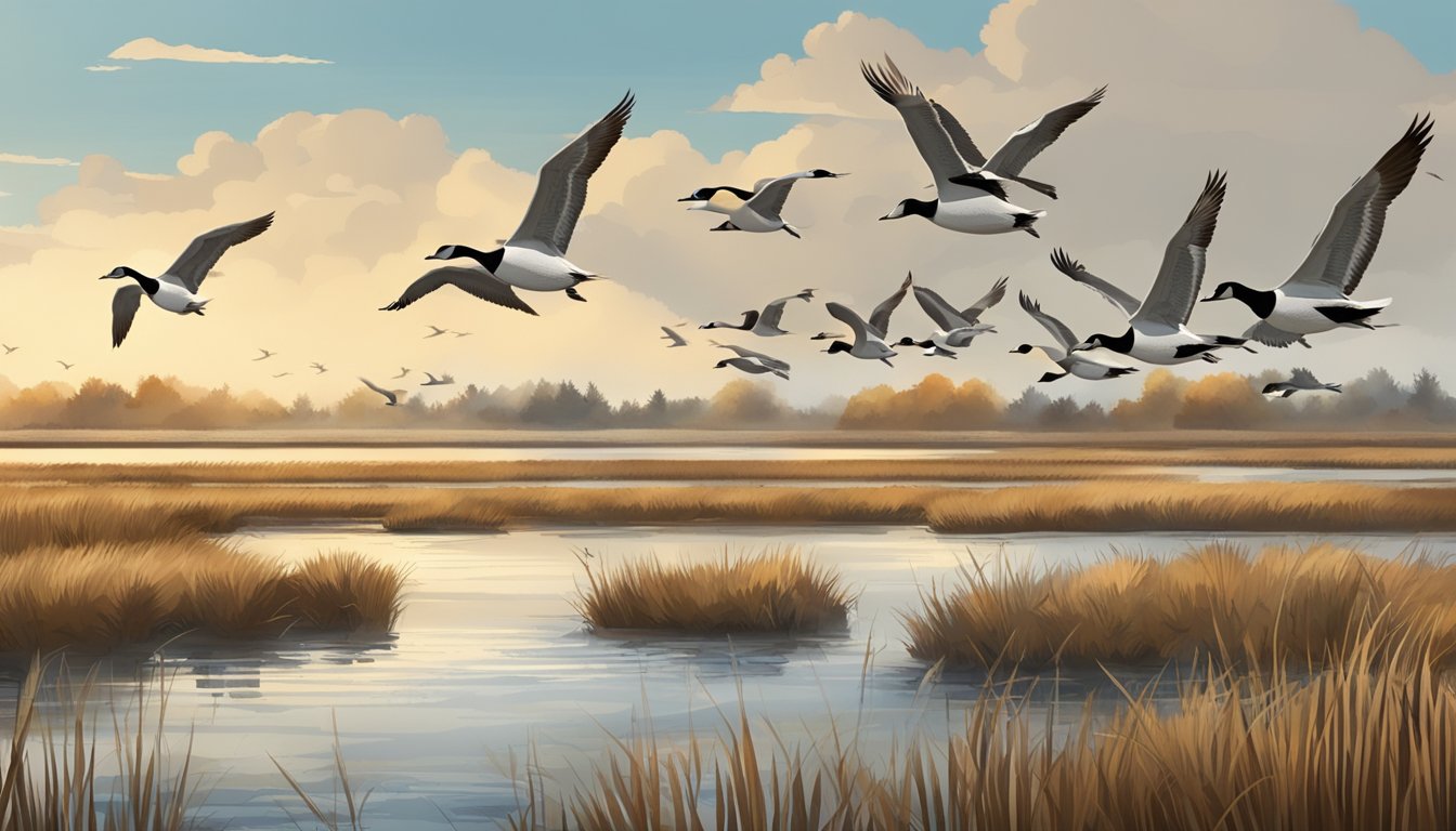 A flock of geese and waterfowl flying over a marsh during hunting season