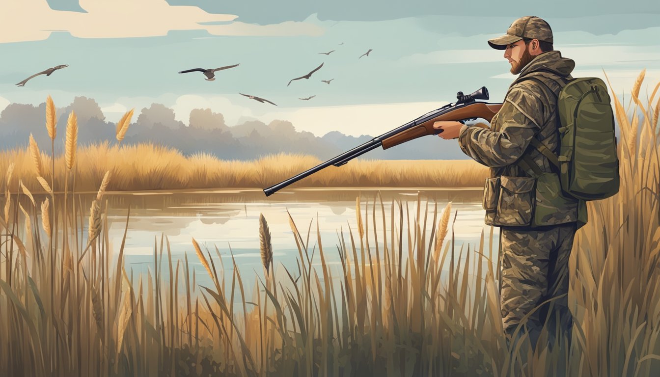 A hunter in camouflage gear holds a shotgun, surrounded by marshland and reeds. A sign nearby outlines regulations for goose hunting season