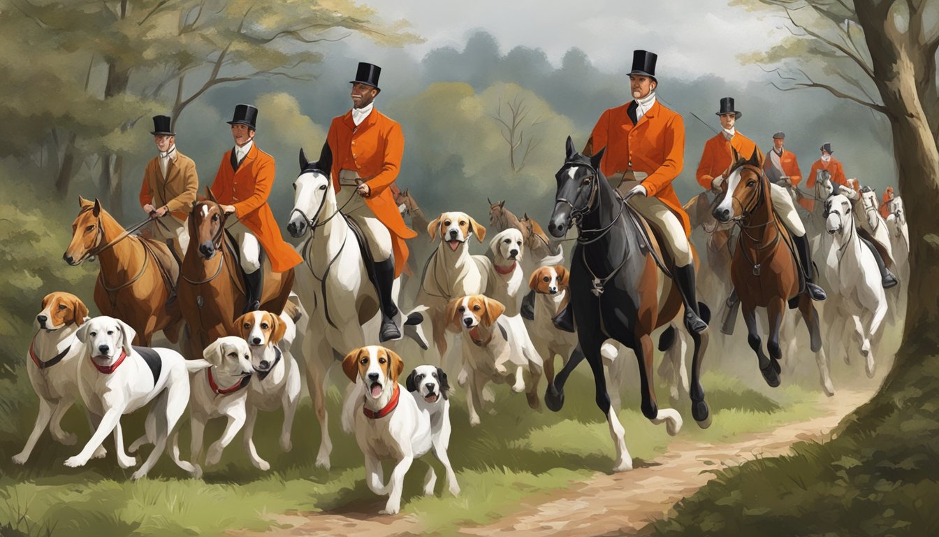 A pack of foxhounds and riders following a red-coated huntsman through a wooded countryside