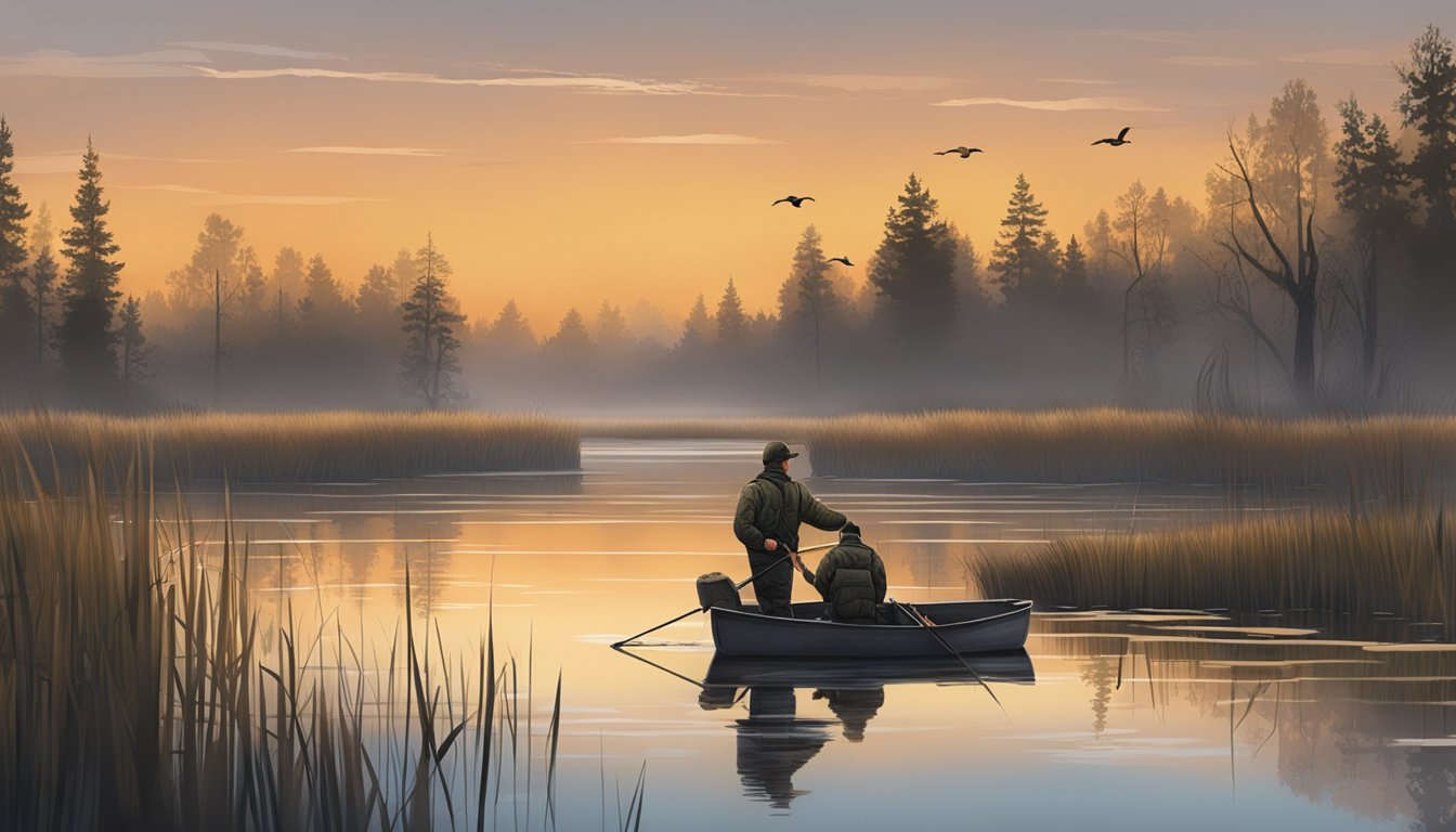 A hunter setting up decoys in a marsh at dawn, preparing for goose hunting season