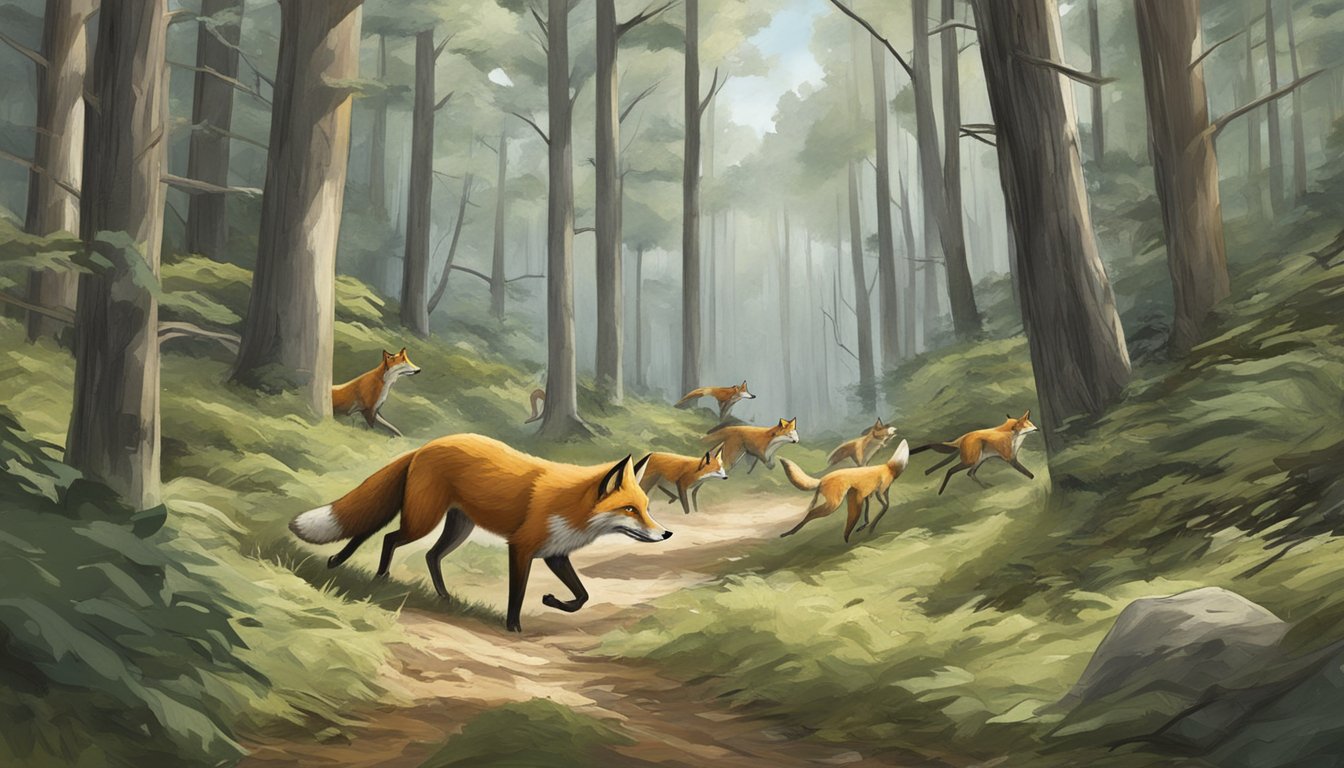 A fox being pursued by a pack of hounds through a dense forest during hunting season