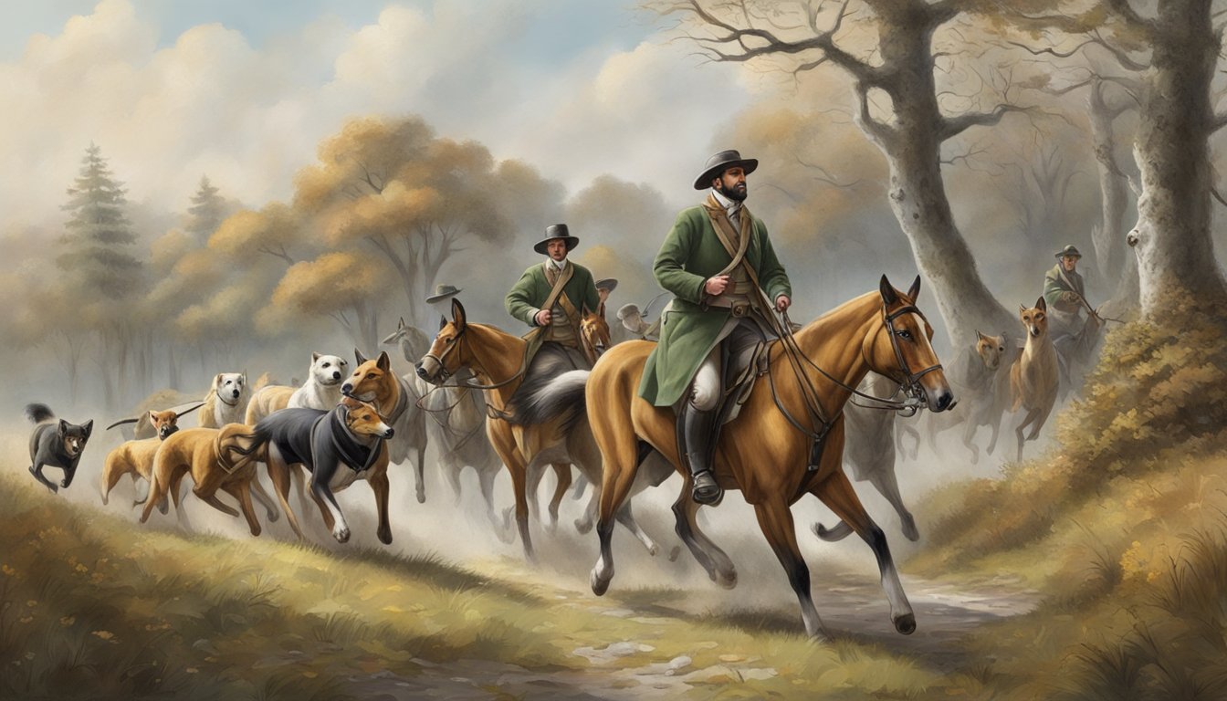 A pack of hounds and mounted hunters in traditional attire traversing a wooded countryside, with a fox fleeing in the distance