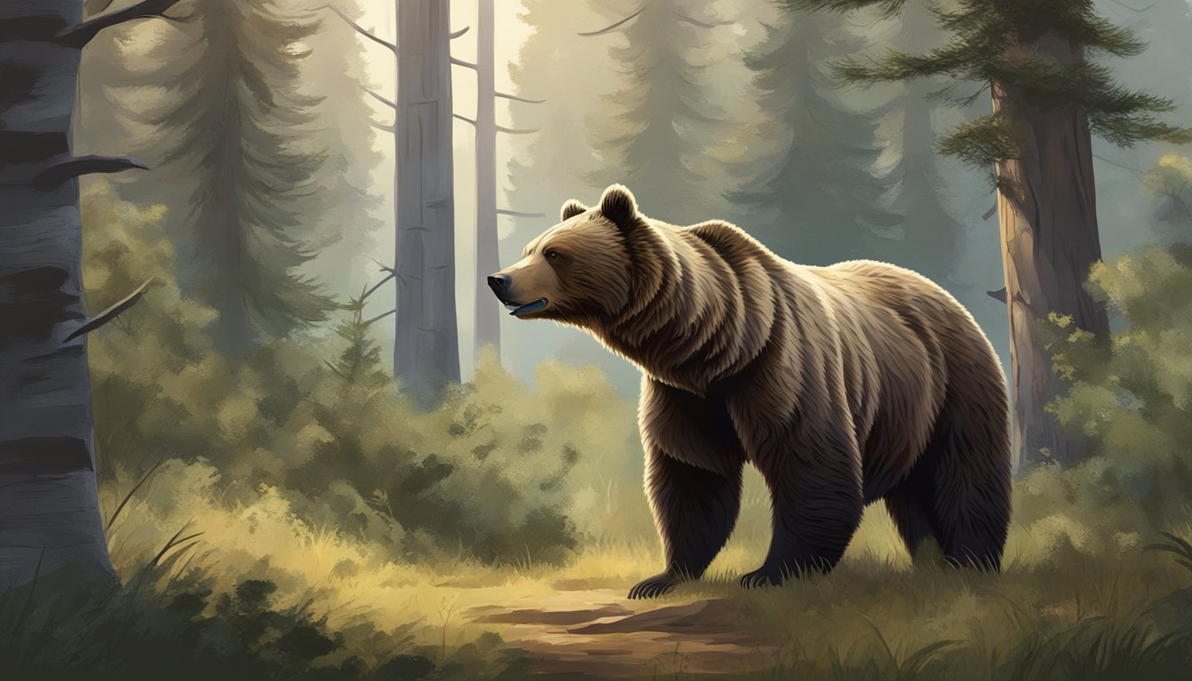 A grizzly bear stands in a forest clearing, surrounded by trees and underbrush. The bear's powerful stance and alert expression convey its strength and wild nature