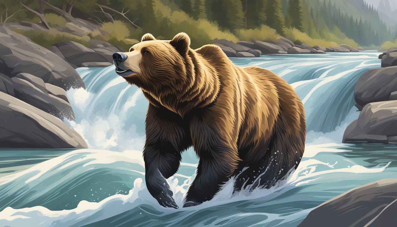 A grizzly bear stalking a fish in a rushing river