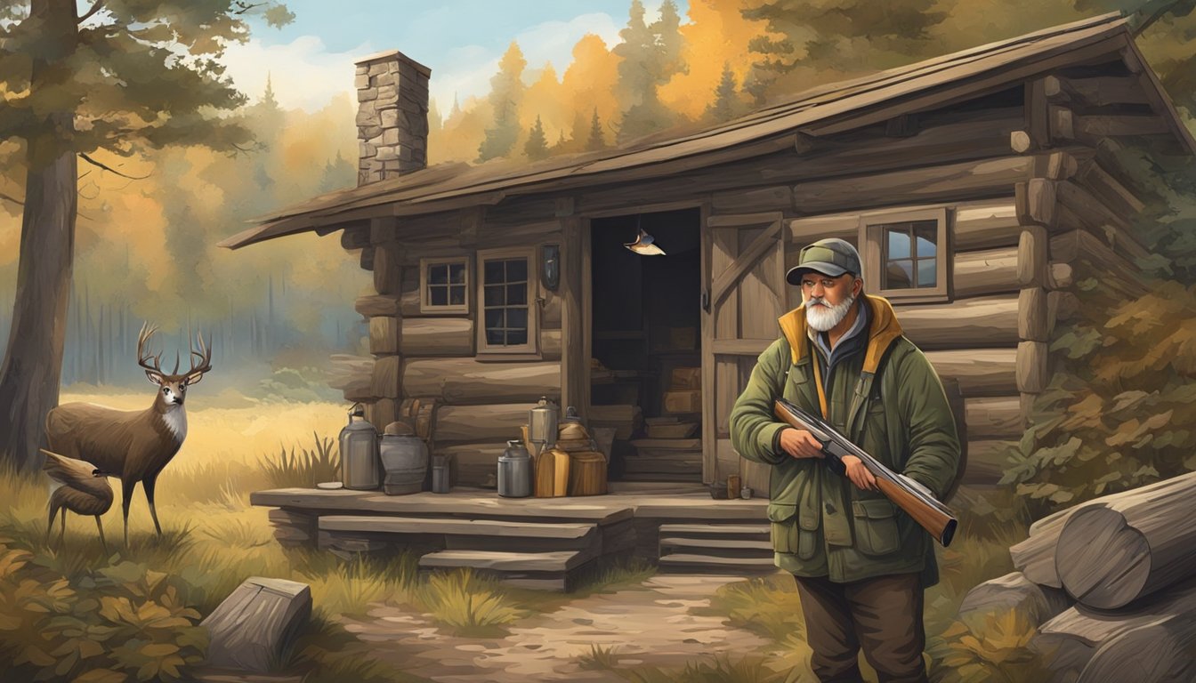 A hunter gathering gear: shotgun, camouflage clothing, and bird calls, in a rustic cabin surrounded by fields and woodland