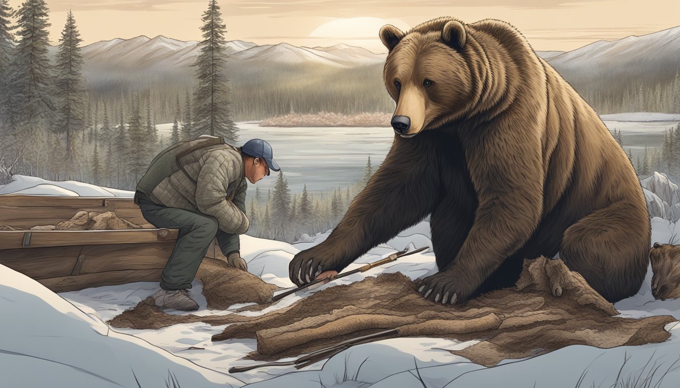 A hunter field-dresses a grizzly bear, removing entrails and preparing the hide for transport