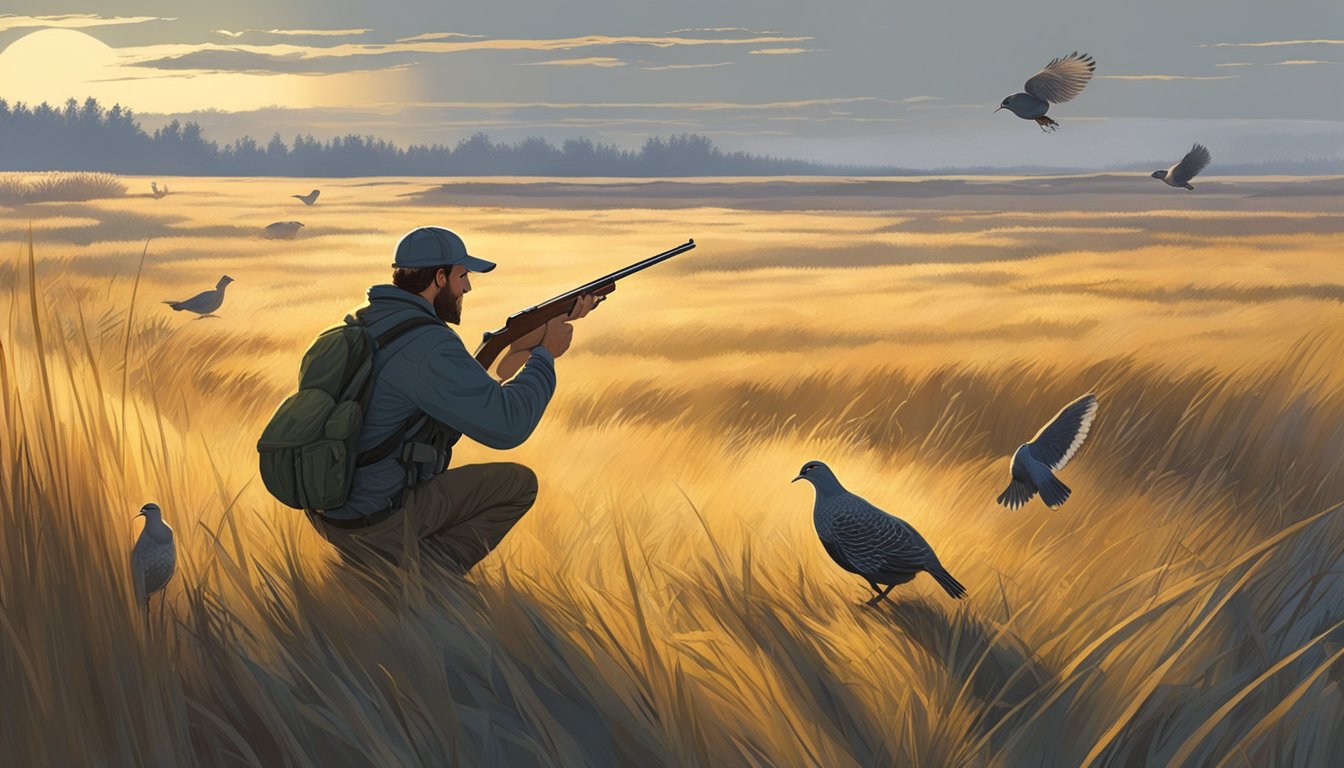 A hunter crouches behind tall grass, shotgun aimed at a covey of gray partridges taking flight. The golden sun casts long shadows on the open field