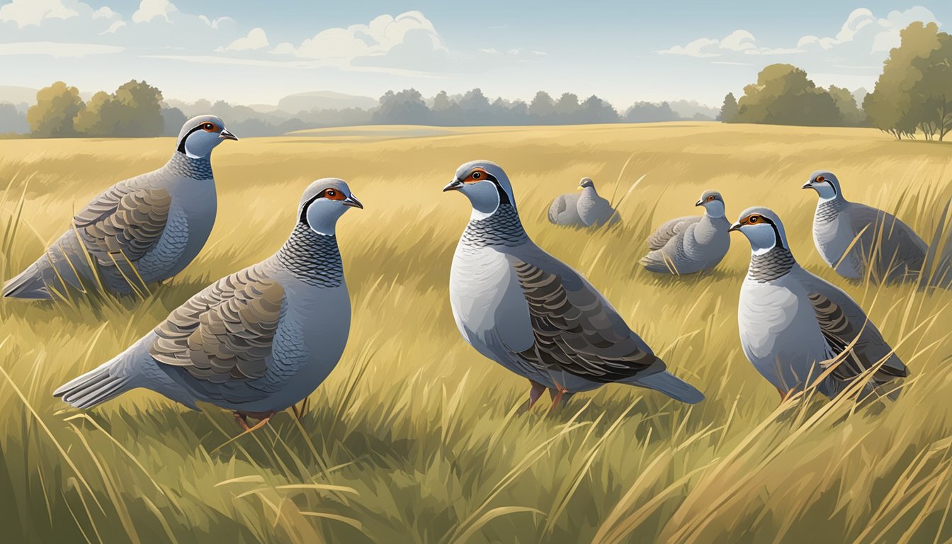 A group of gray partridges in a grassy field with a sign indicating hunting regulations and conservation measures