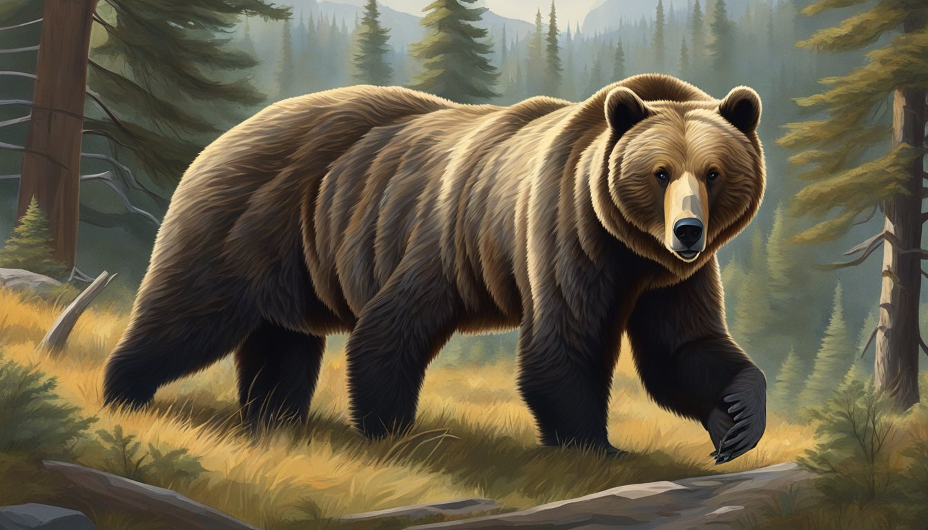 A grizzly bear stands in a forest clearing, surrounded by tall trees and rugged terrain. The bear's powerful presence conveys the controversial nature of grizzly bear hunting