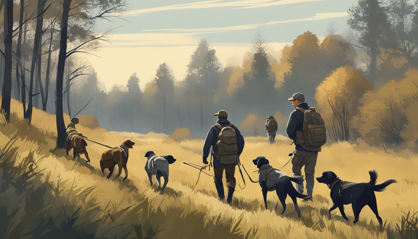 A group of hunters with dogs walking through a grassy field in search of gray partridges during hunting season