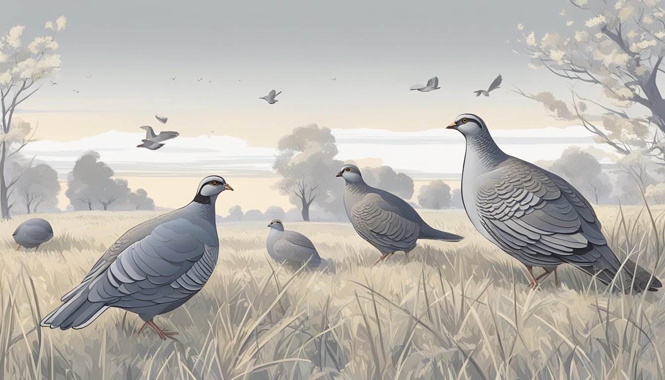 A group of gray partridges foraging in a grassy field, surrounded by patches of shrubs and small trees. A clear sky and gentle breeze indicate a peaceful hunting season