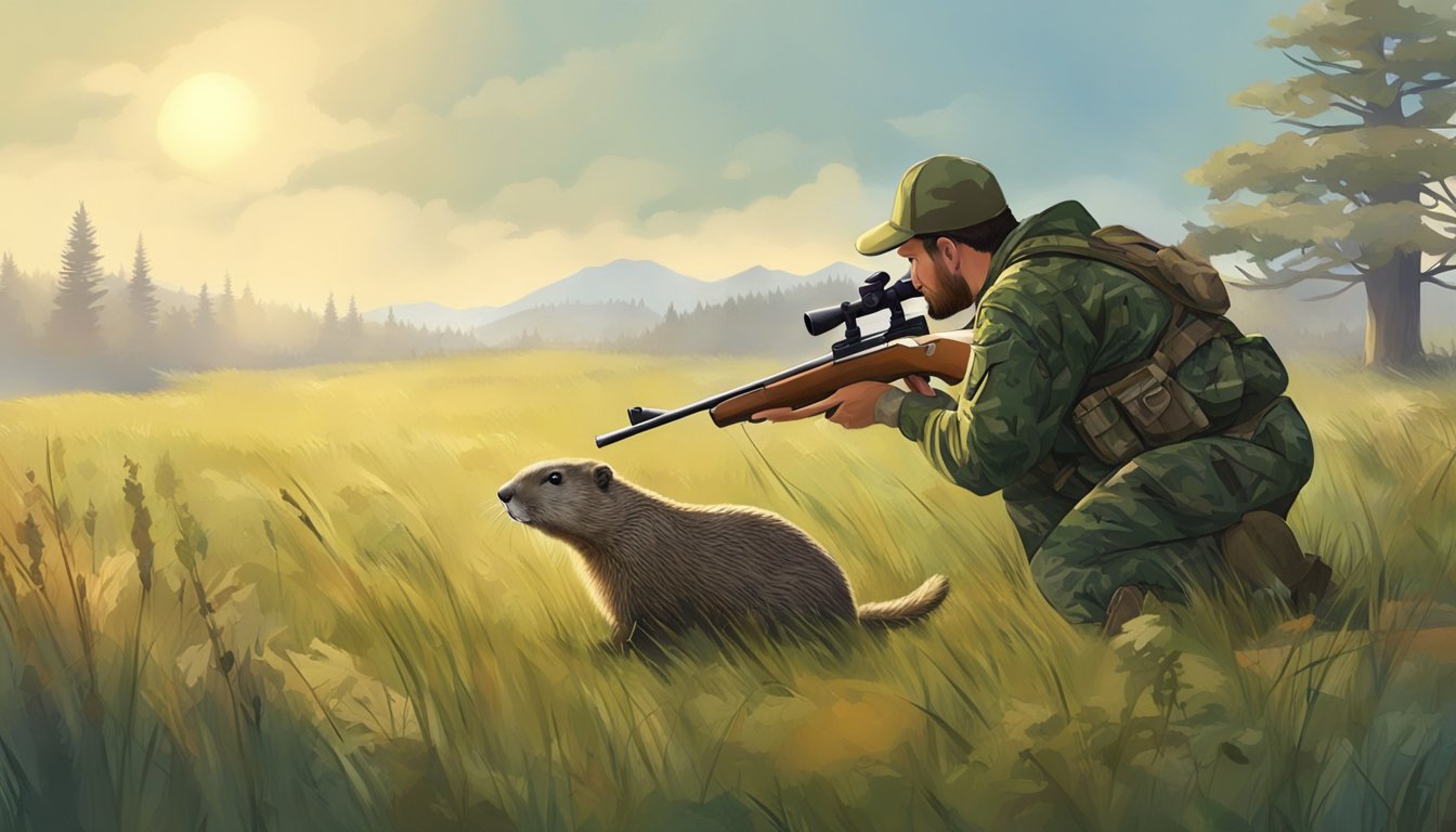 A hunter in camouflage aiming at a groundhog in a grassy field with a rifle