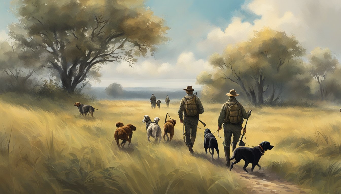 A group of hunters with their hunting dogs, walking through a grassy field with scattered bushes and trees, under a cloudy sky