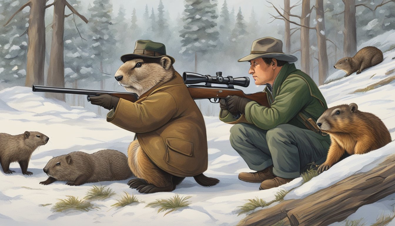 A hunter aims a rifle at a groundhog as other animals watch nervously