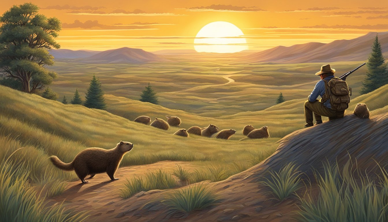 A hunter with a rifle approaches a burrow as groundhogs peek out cautiously. The sun sets over a vast, rolling landscape