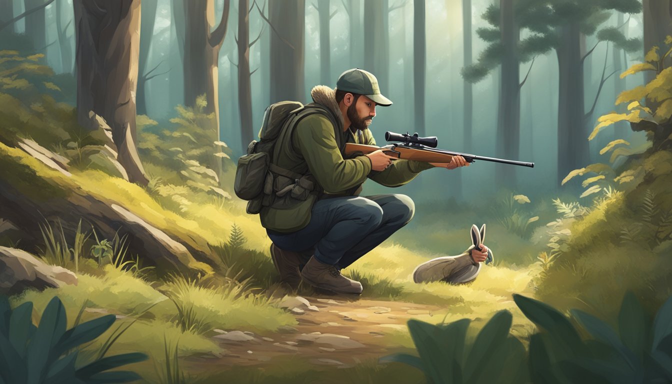 A hunter crouches in the forest, aiming at a hare. Trees and bushes surround the scene, with a sense of anticipation in the air