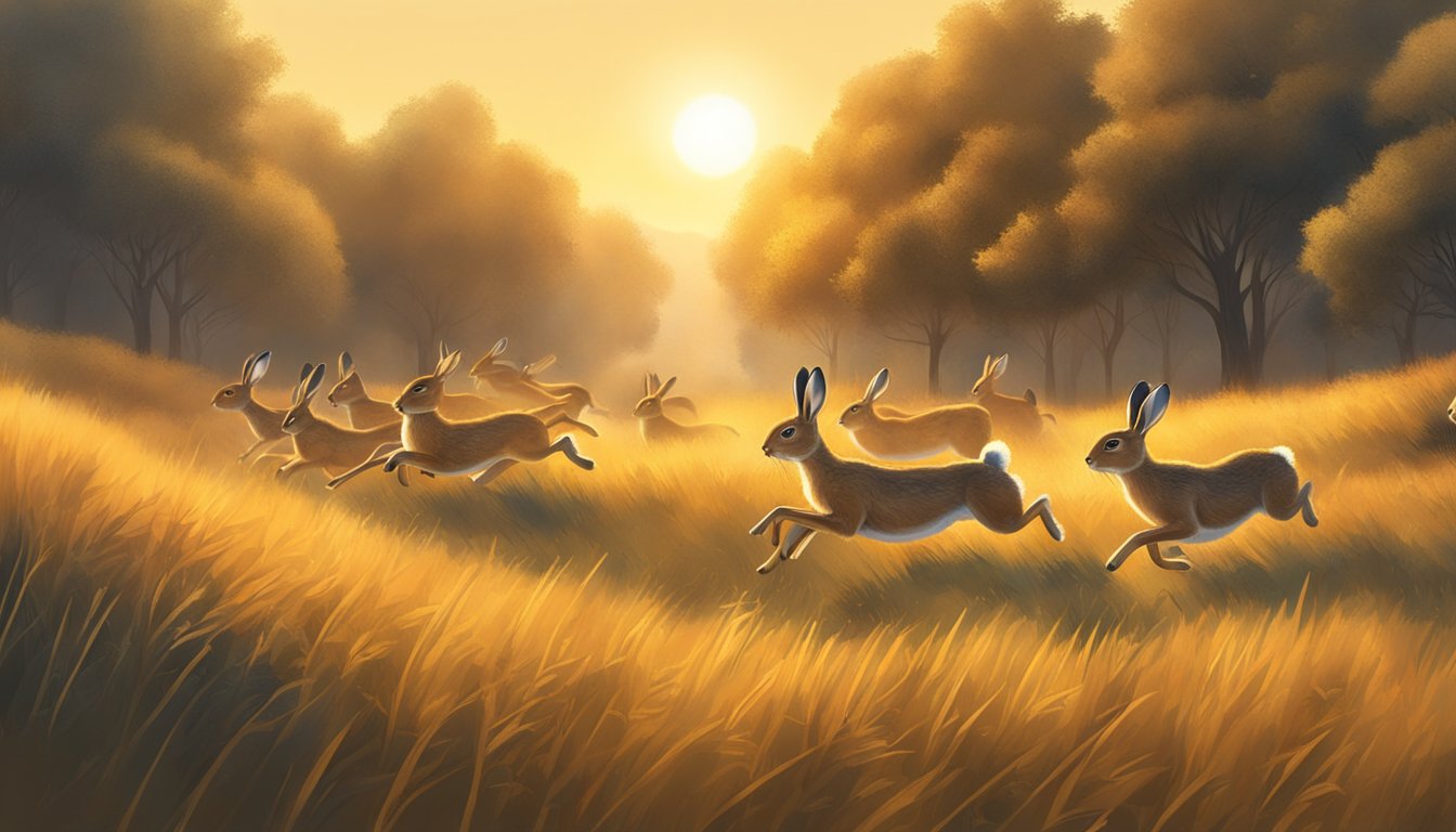 A group of hares running through a golden field, surrounded by trees and bushes. The sun is setting, casting a warm glow over the landscape