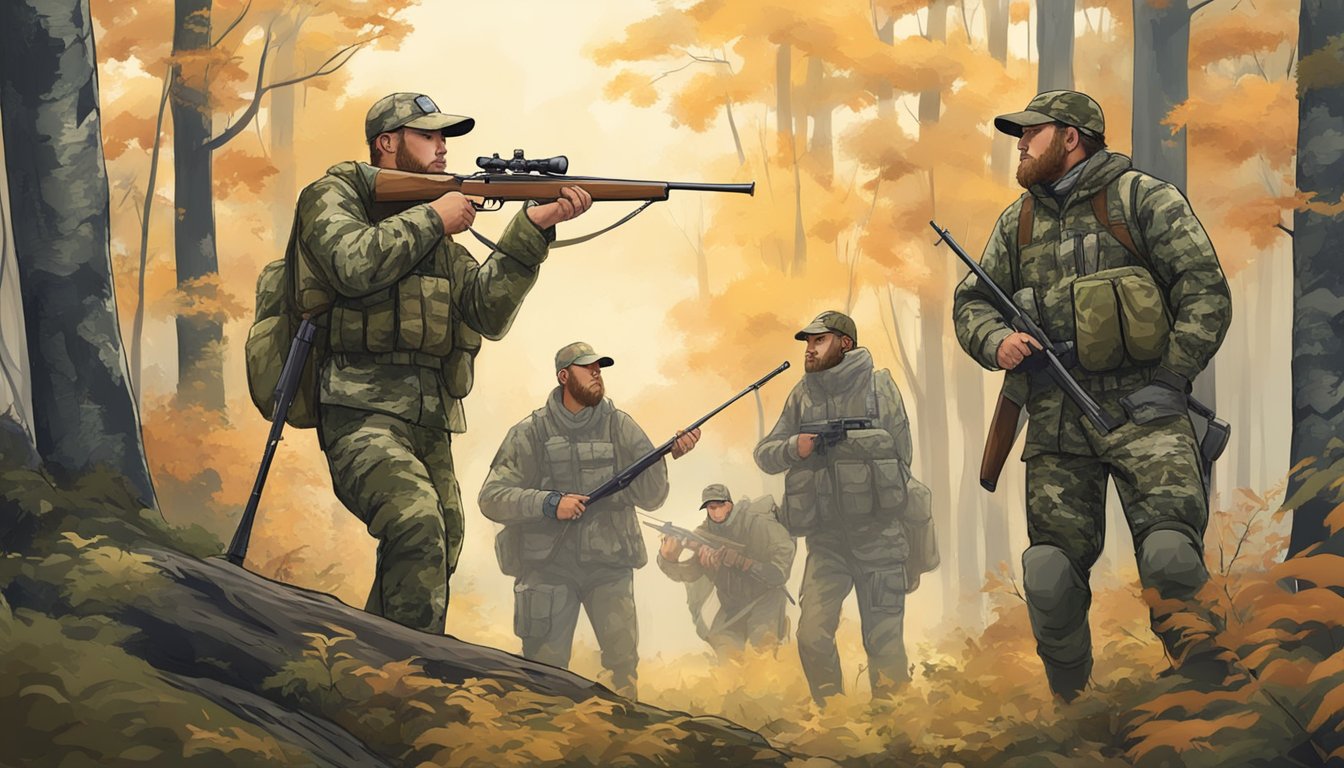 A group of hunters in camouflage gear with rifles, tracking hogs in a dense forest during hunting season