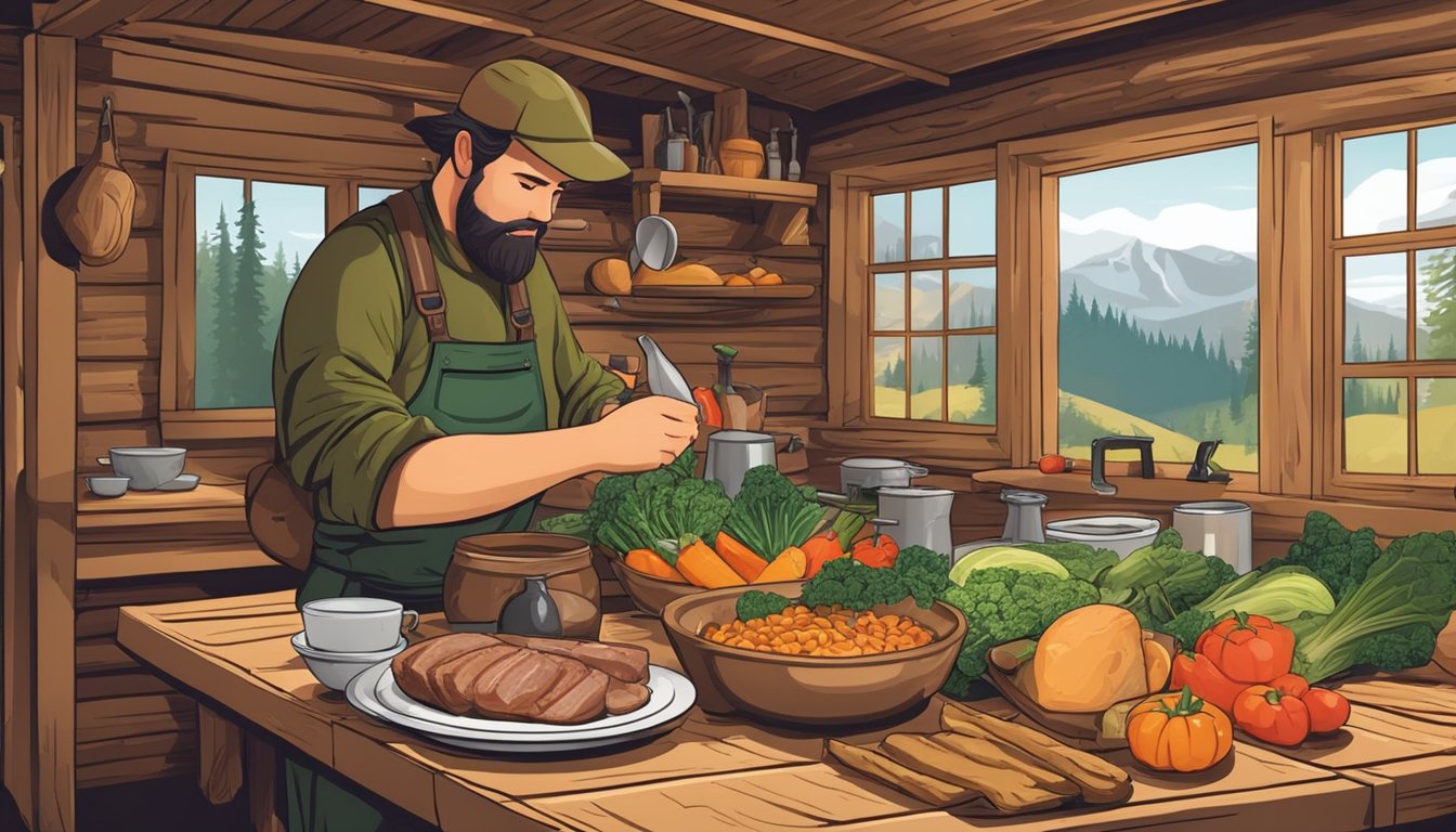 A hunter prepares a healthy meal in a rustic cabin during grouse hunting season. Fresh vegetables and lean protein are laid out on the table