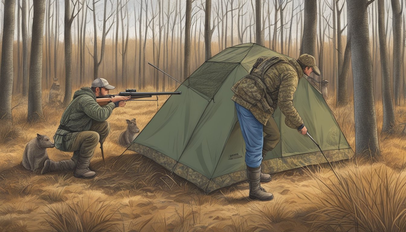 A hunter sets up a blind near a wooded area, while landowners post signs and establish boundaries for hog hunting season