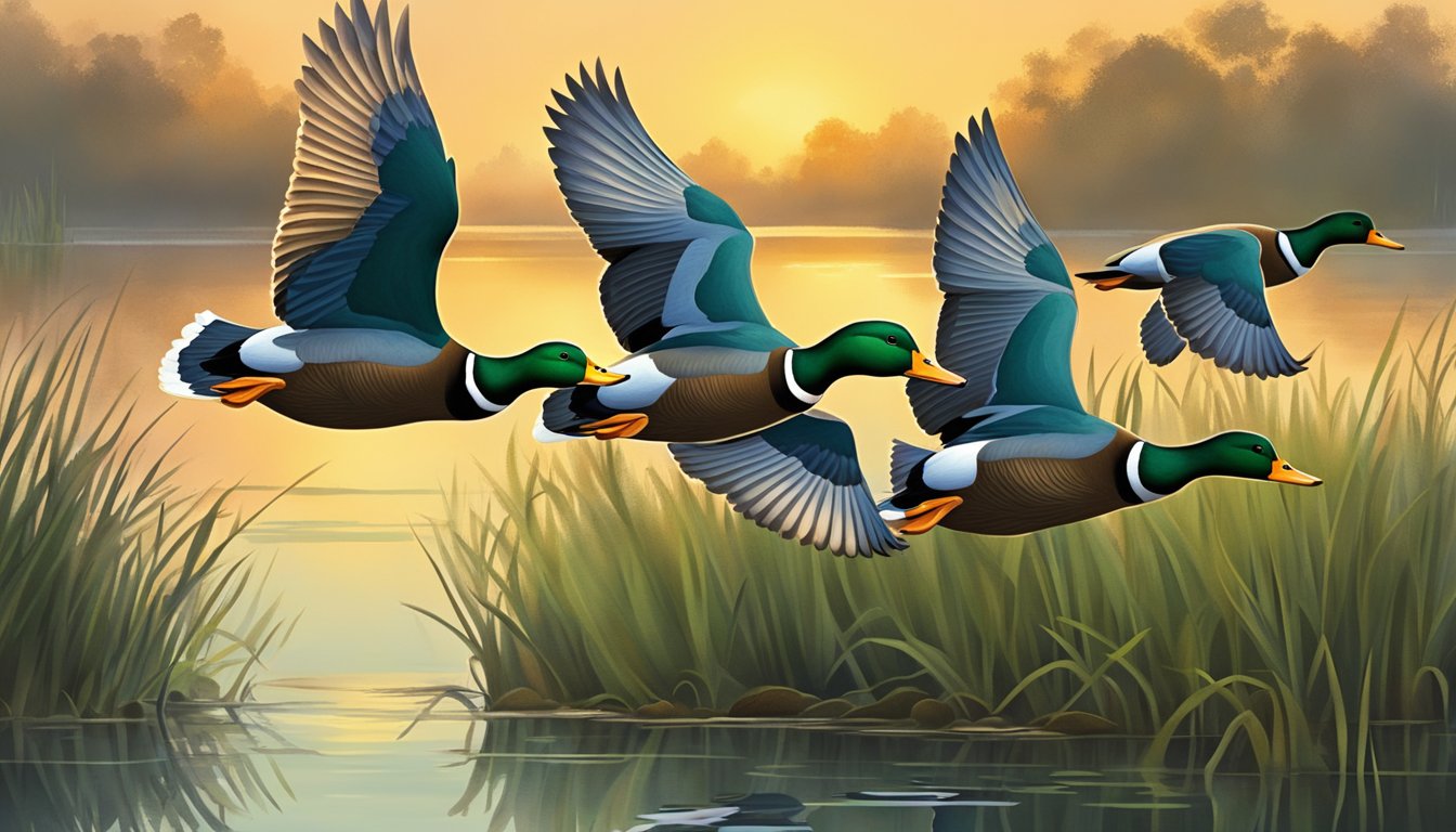 A flock of mallards takes flight over a marsh at dawn, their iridescent green heads catching the first light of the day