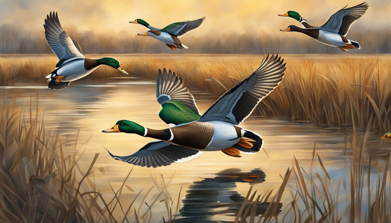 Mallards flying over a wetland with hunters in camouflage and shotguns