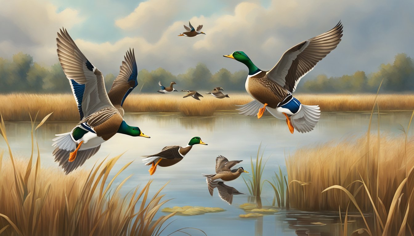 A group of mallard ducks flying over a marshy wetland, surrounded by tall grass and cattails. The sky is overcast, with a hint of autumn colors in the foliage