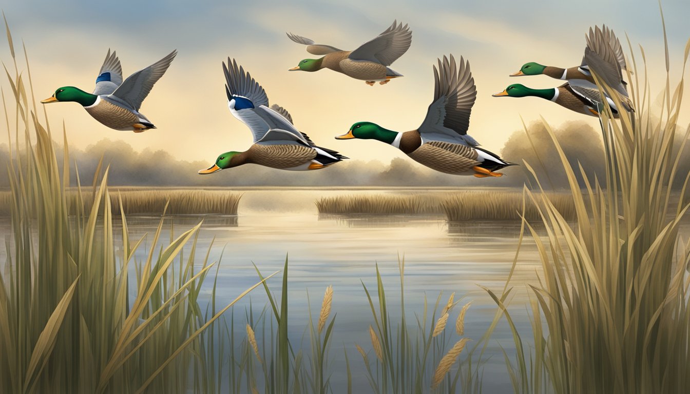 A group of mallard ducks flying over a serene wetland with tall grass and cattails