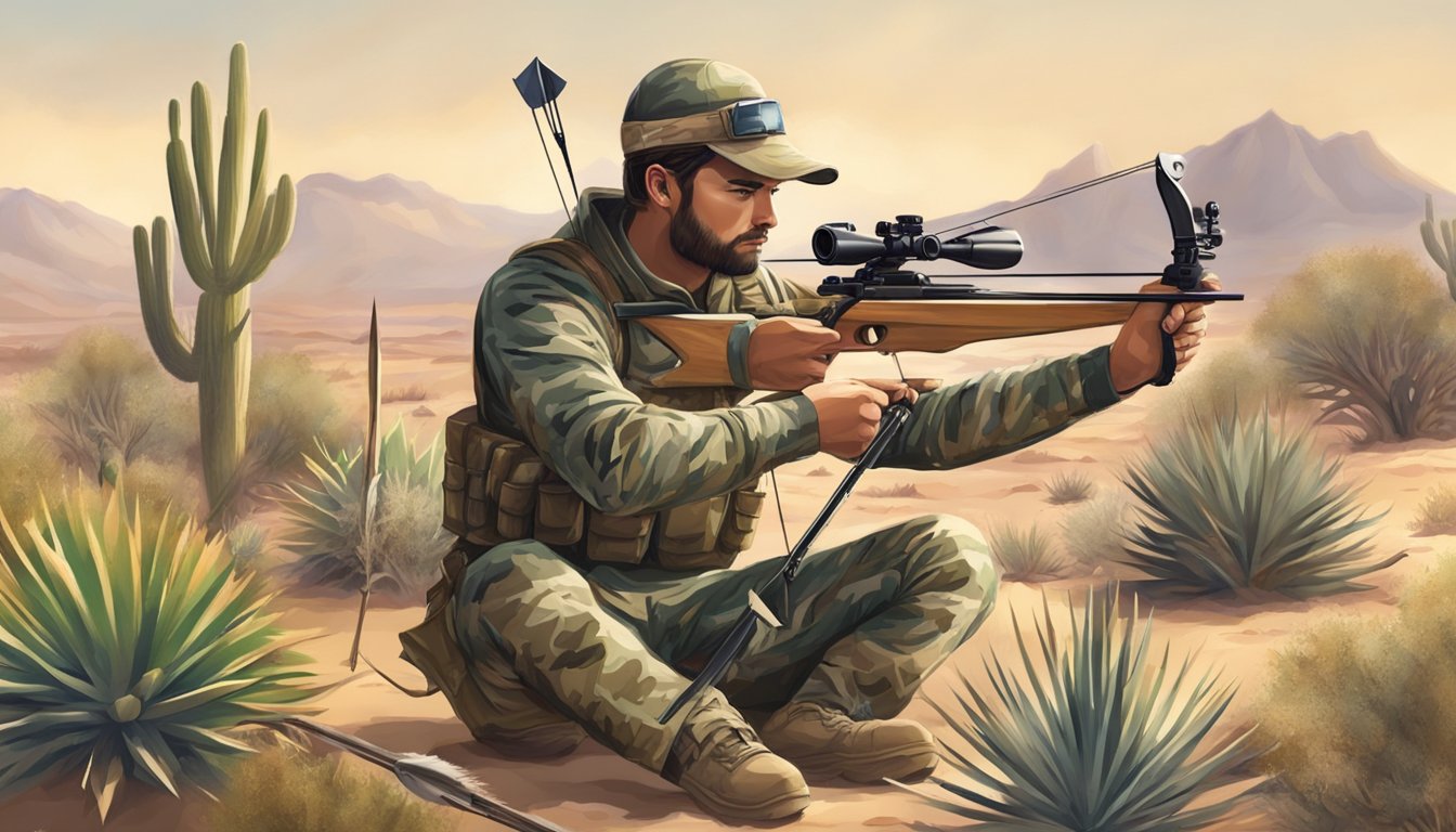 A hunter in camouflage gear prepares arrows and a compound bow in the desert, surrounded by cacti and dry brush