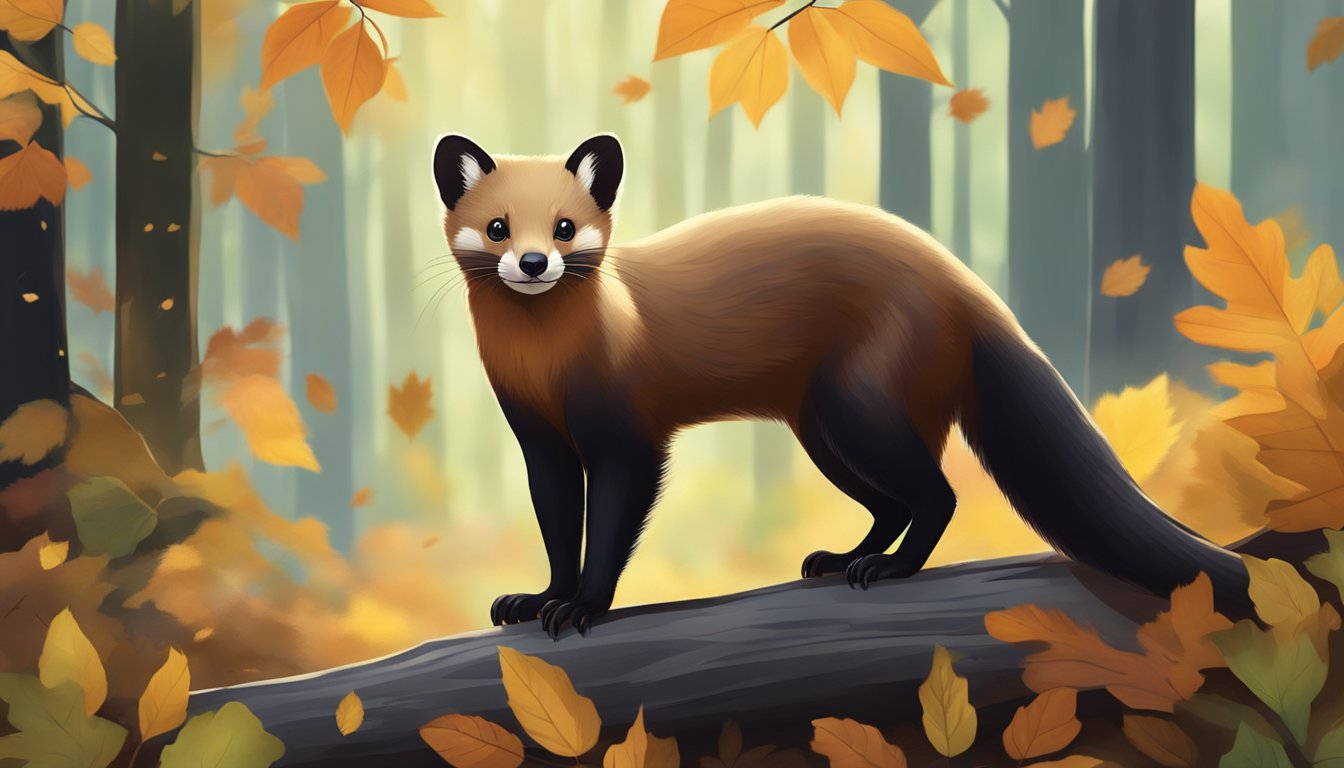 A marten with sleek fur and pointed ears in a forest setting, surrounded by trees and fallen leaves