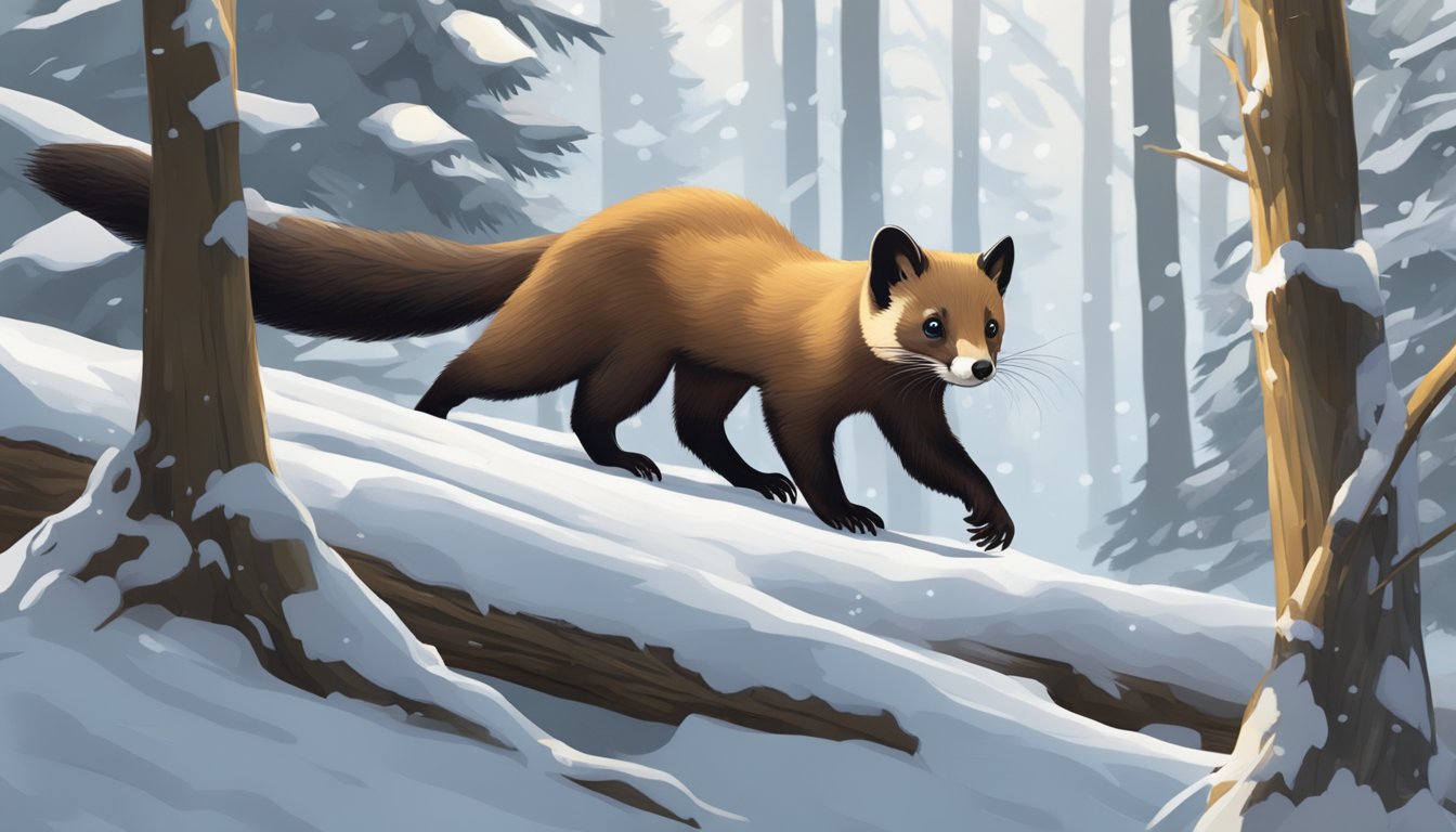 A marten stealthily stalks through a snowy forest, its keen eyes fixed on a small rodent scurrying through the underbrush