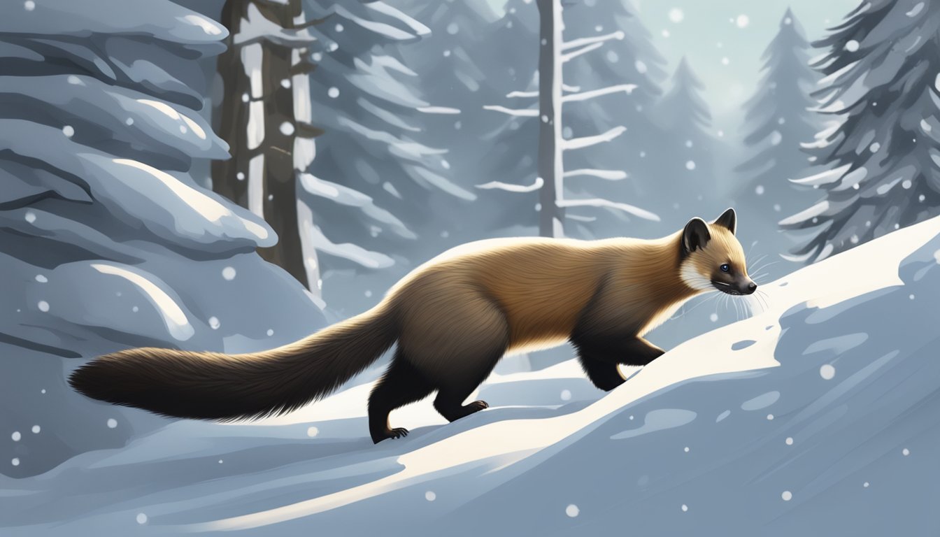 A marten hunts through a snowy forest, tracking its prey during the winter reproduction and lifecycle season