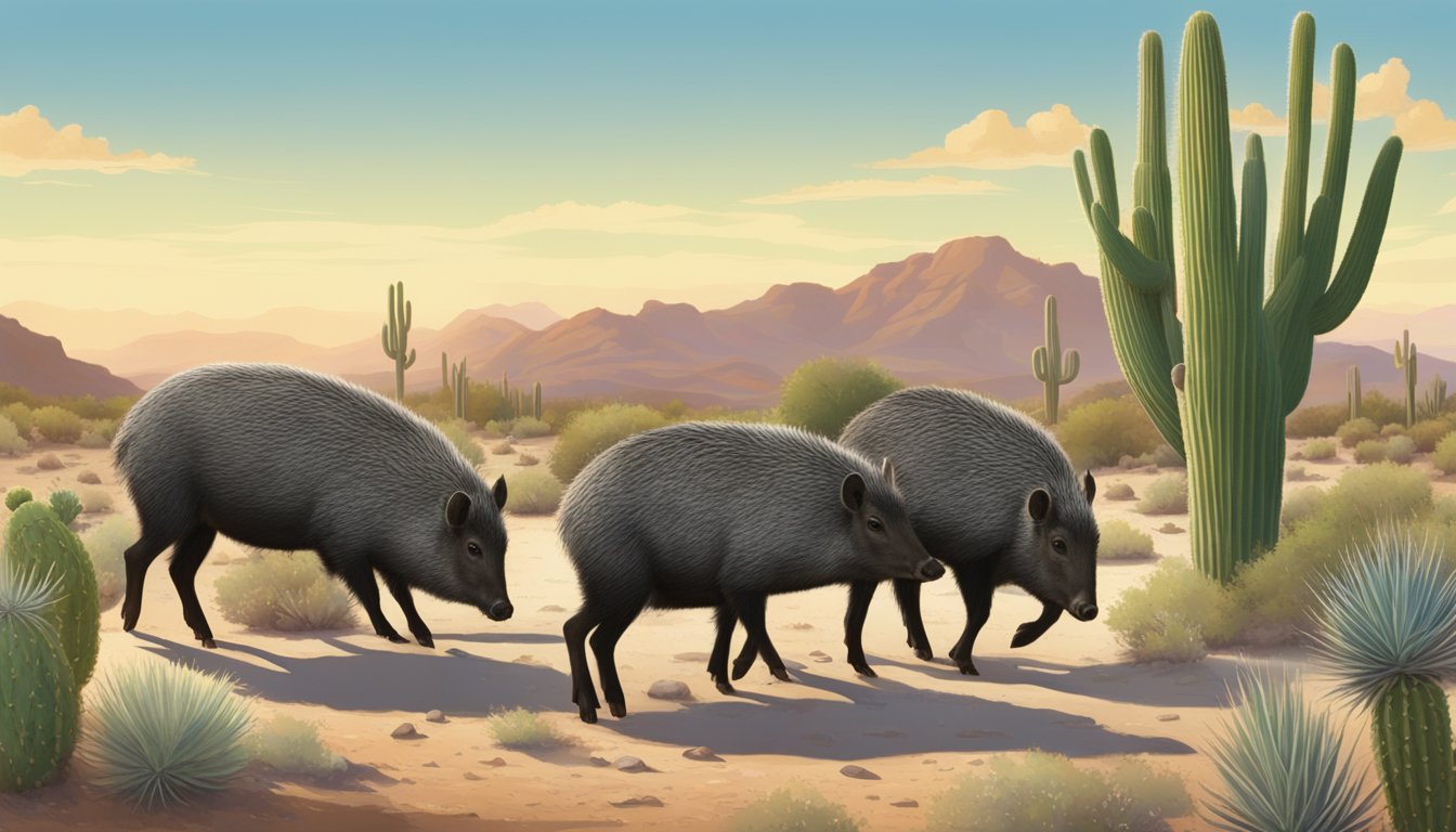 A group of javelinas foraging in a desert landscape, with cacti and scrub brush in the background