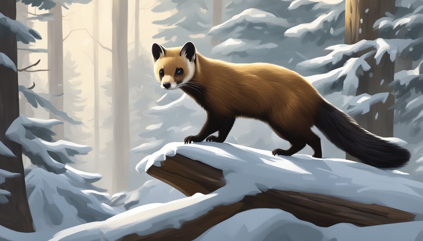 A marten stealthily stalks its prey through a snowy forest, eyes fixed on a small animal ahead