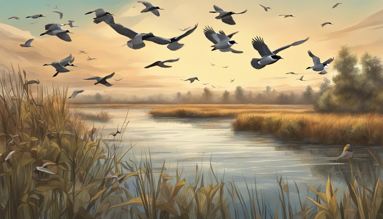 Migratory birds flying over a wetland, with hunters in the distance, following legal regulations for hunting season