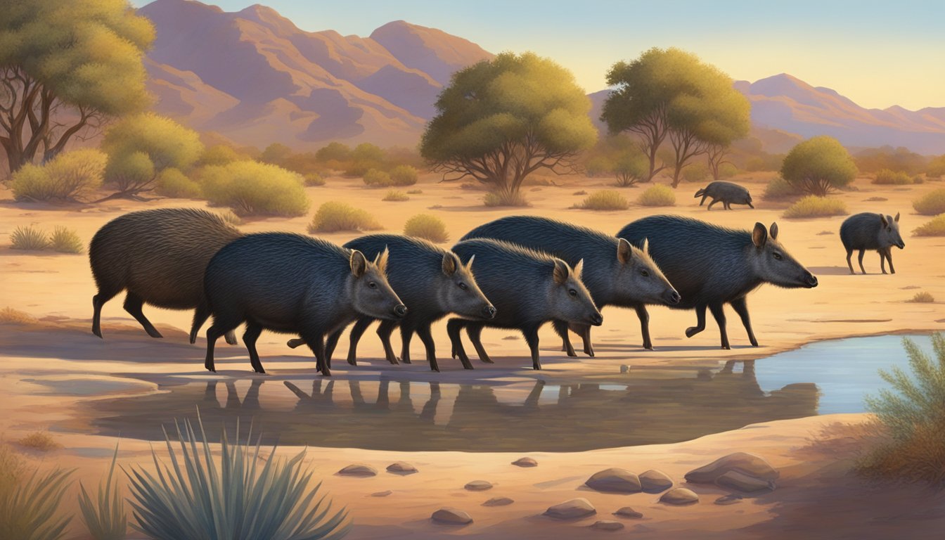 A group of javelinas gather around a desert watering hole, their sleek bodies illuminated by the setting sun. A hunter watches from a distance, waiting for the perfect moment to strike